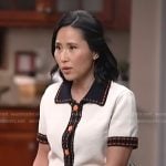 Vicky’s white collared short sleeve cardigan on NBC News Daily