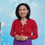 Vicky’s red cardigan and purple flare pants on Today