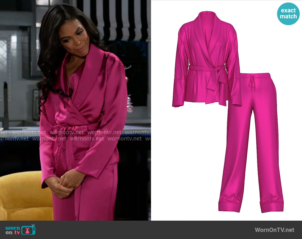 Victorias Secret Luxe Satin Wrap Top & Pant set worn by Dani Dupree (Karla Mosley) on Beyond the Gates