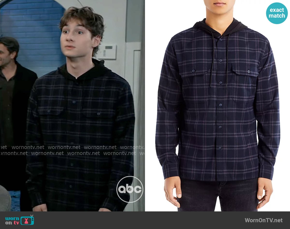Vince Redwood Plaid Regular Fit Hooded Button Down Shirt worn by Rocco Falconeri (Finn Francis Carr) on General Hospital