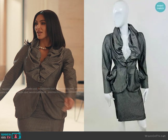 Vivienne Westwood Red Label Pinstripe Ruched Skirt Suit worn by Allura Grant (Kim Kardashian) on Alls Fair