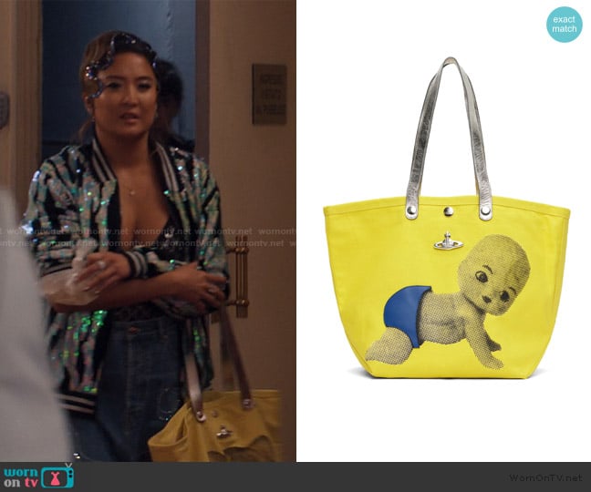 Vivienne Westwood Yellow Baby Printed Canvas Utility Small Shopper Tote worn by Mindy Chen (Ashley Park) on Emily in Paris