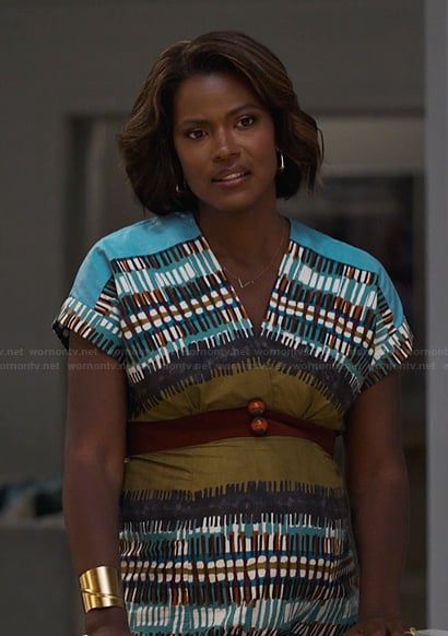 Viv's blue printed v-neck dress on Bel-Air