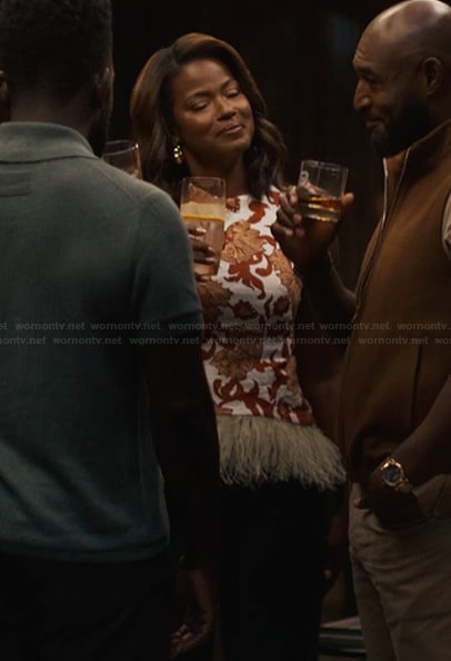 Viv's floral print feather trim top on Bel-Air