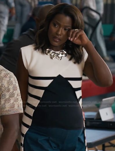 Viv's white striped split front top on Bel-Air