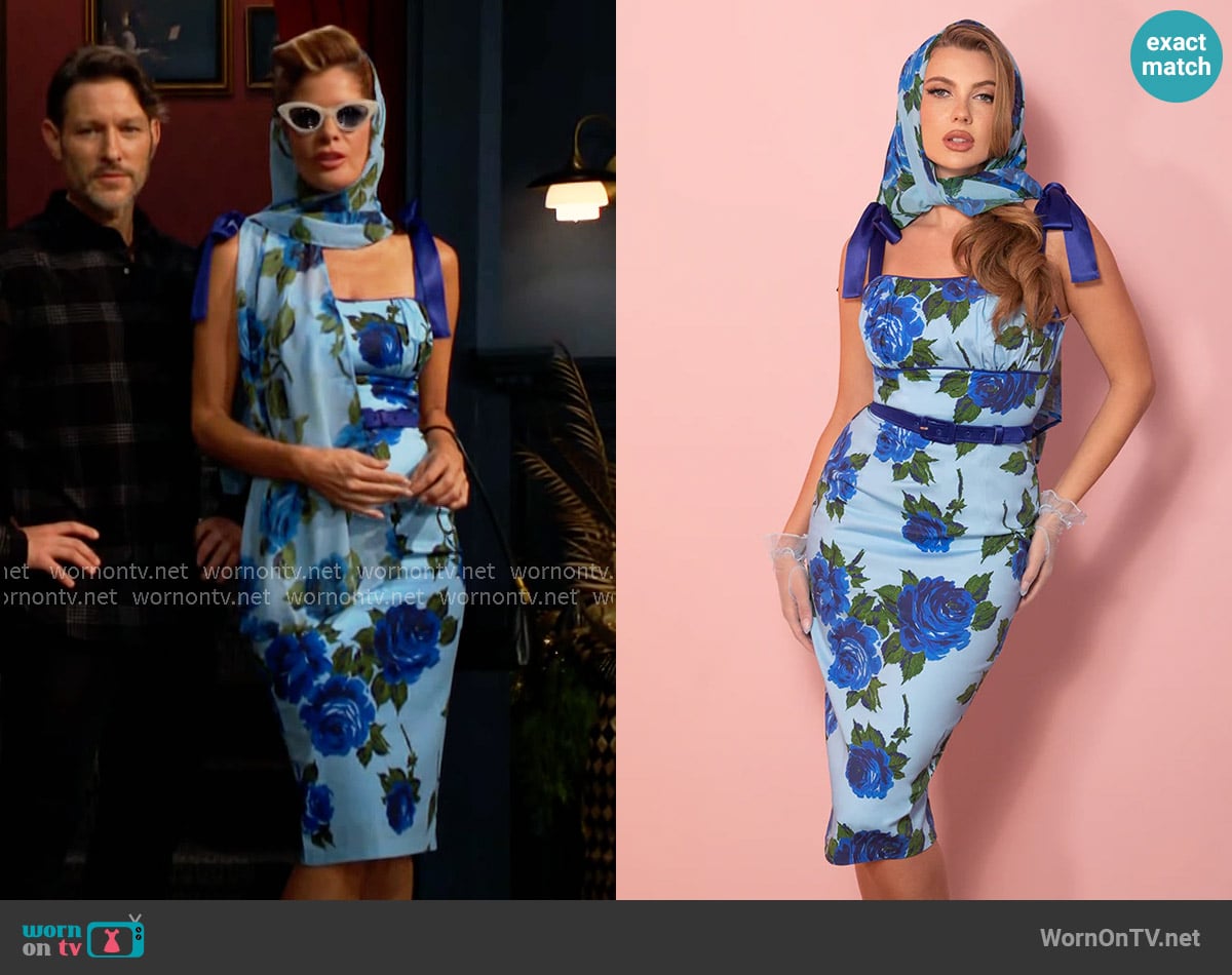 Vixen by Micheline Pitt 1950s Wiggle Sundress and Scarf in Blue Vintage Roses worn by Phyllis Summers (Michelle Stafford) on The Young and the Restless