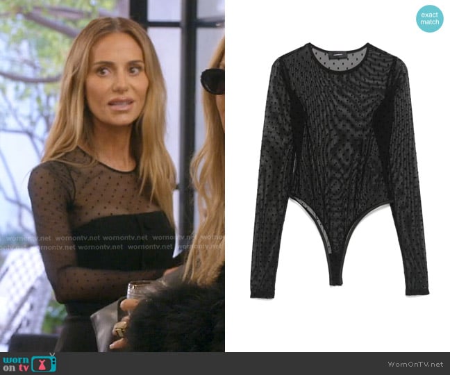 Dorit’s black polka dot mesh bodysuit on TRHOBH Dorit’s black polka dot mesh bodysuit on TRHOBH