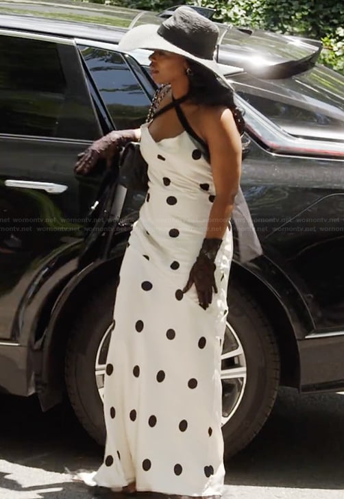 Wendy’s white polka dot print halter dress on The Real Housewives of Potomac