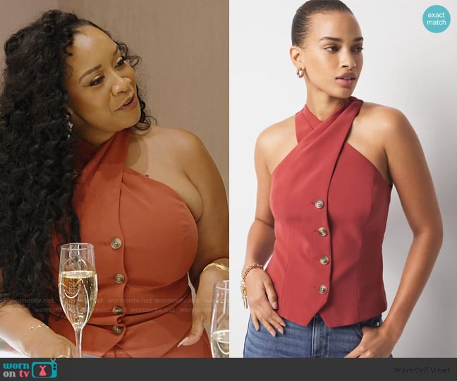 White House Black Market Crossover Halter Vest worn by Angel Massie on The Real Housewives of Potomac