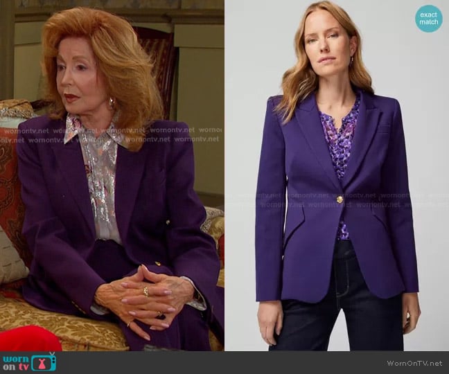 White House Black Market Luxe Stretch Editor Blazer in Deep Amethyst worn by Maggie Horton (Suzanne Rogers) on Days of our Lives