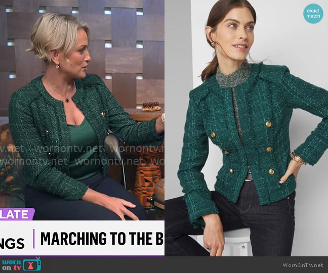 White House Black Market Teal Tweed Jacket worn by Jamie Yuccas on CBS Mornings