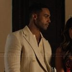 Alfie’s white pinstripe blazer on Emily in Paris