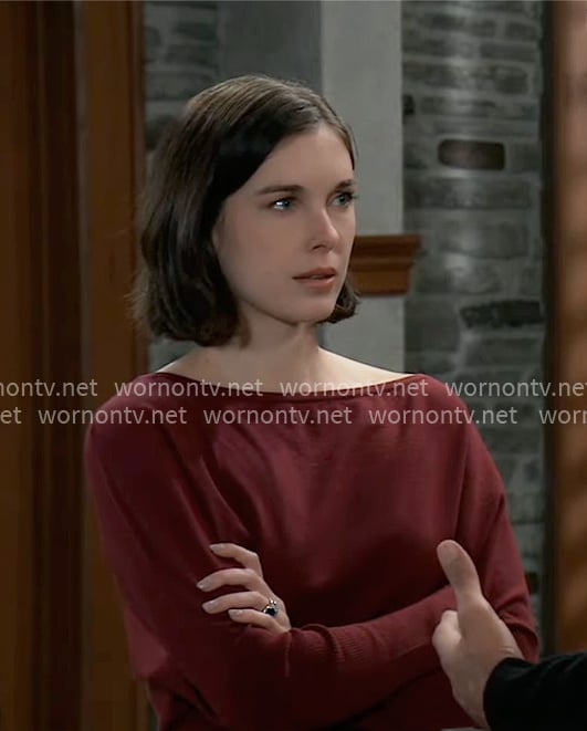 Willow’s red off-shoulder sweater on General Hospital
