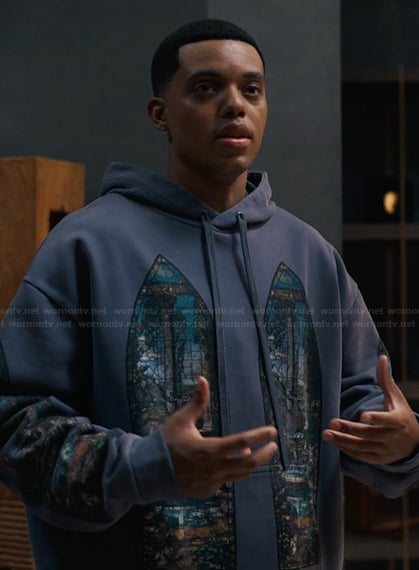 Will's blue window motif print hoodie on Bel-Air