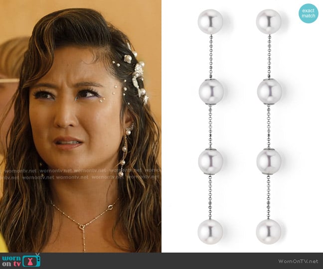 Yana Nesper Delicate Pearl Earrings in white gold with Akoya Pearls worn by Mindy Chen (Ashley Park) on Emily in Paris
