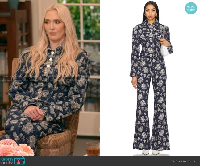 Erika’s blue floral print pants on RHOBH Erika’s blue floral print pants on RHOBH