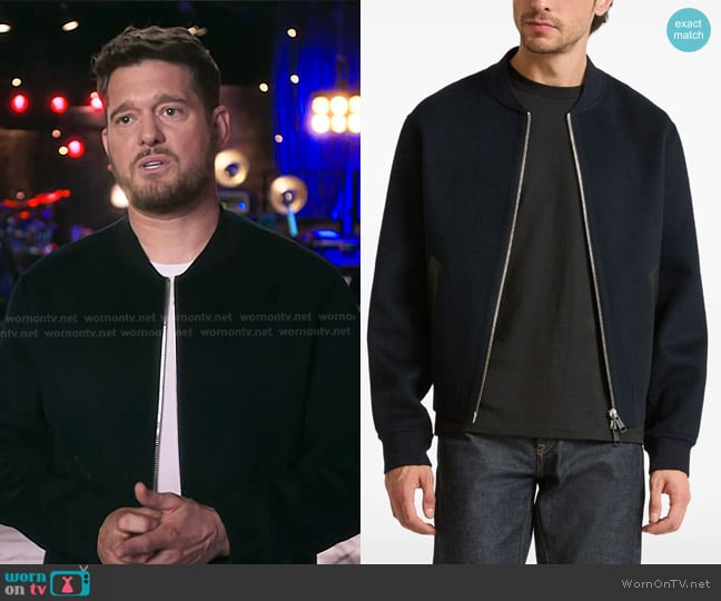 Michael’s navy bomber jacket on The Voice Michael’s navy bomber jacket on The Voice