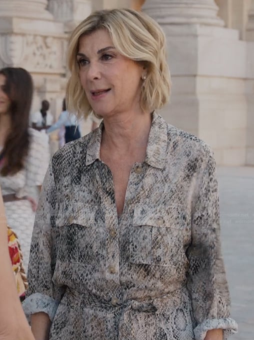 Yvette's snakeskin print jumpsuit on Emily in Paris