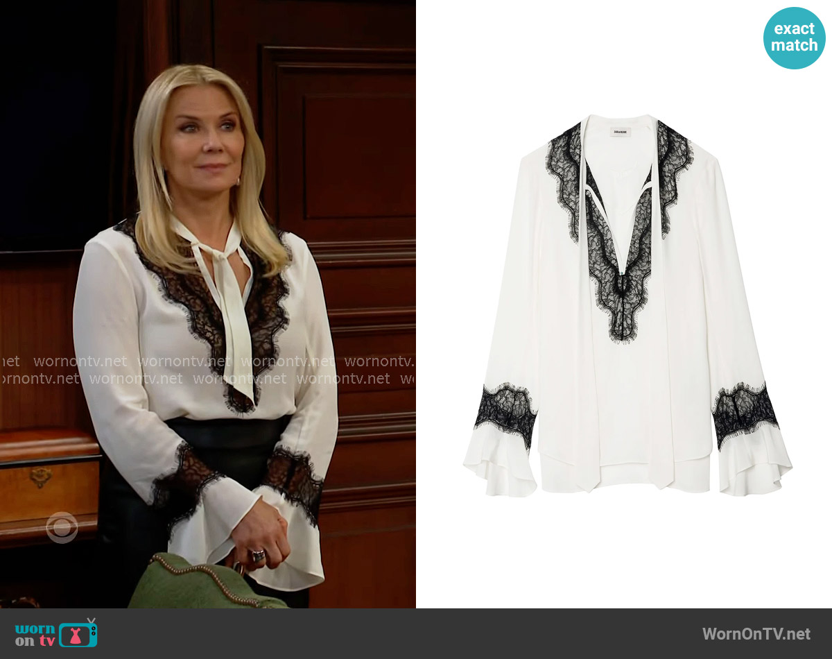 Zadig and Voltaire Tuan Silk Lace Trim Blouse worn by Brooke Logan (Katherine Kelly Lang) on The Bold and the Beautiful