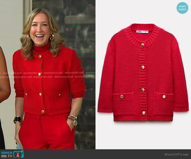 Zara Knit Crop Cardigan with Gold Buttons worn by Lara Spencer on Good Morning America