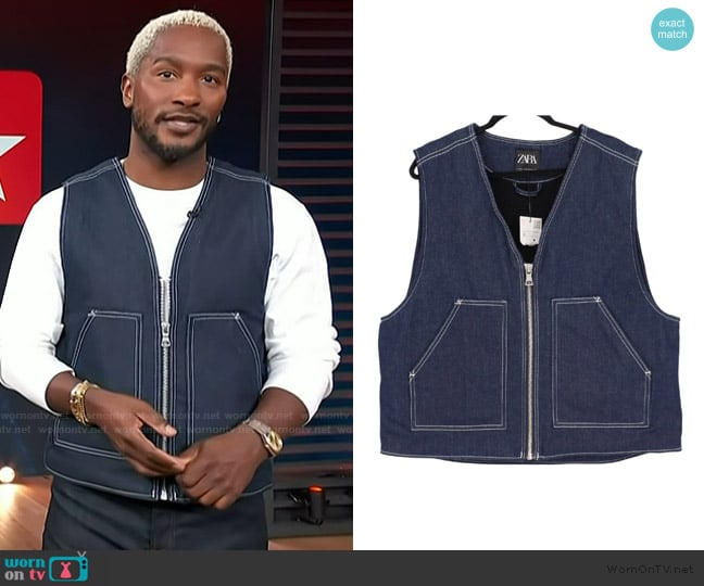 Zara Seamed Denim Vest worn by Scott Evans on Access Hollywood
