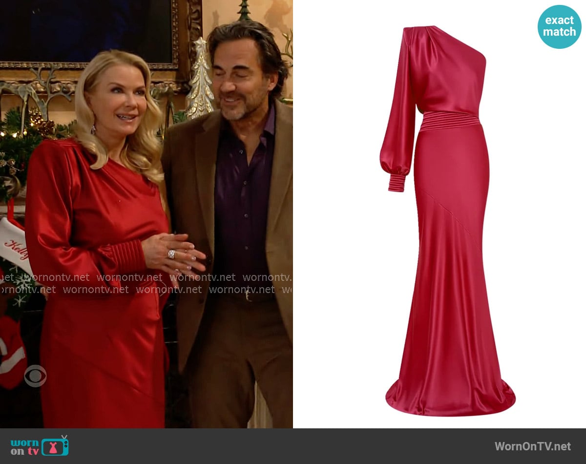 Zhivago Don't Look Now Draped One-Shoulder Satin Gown worn by Brooke Logan (Katherine Kelly Lang) on The Bold and the Beautiful