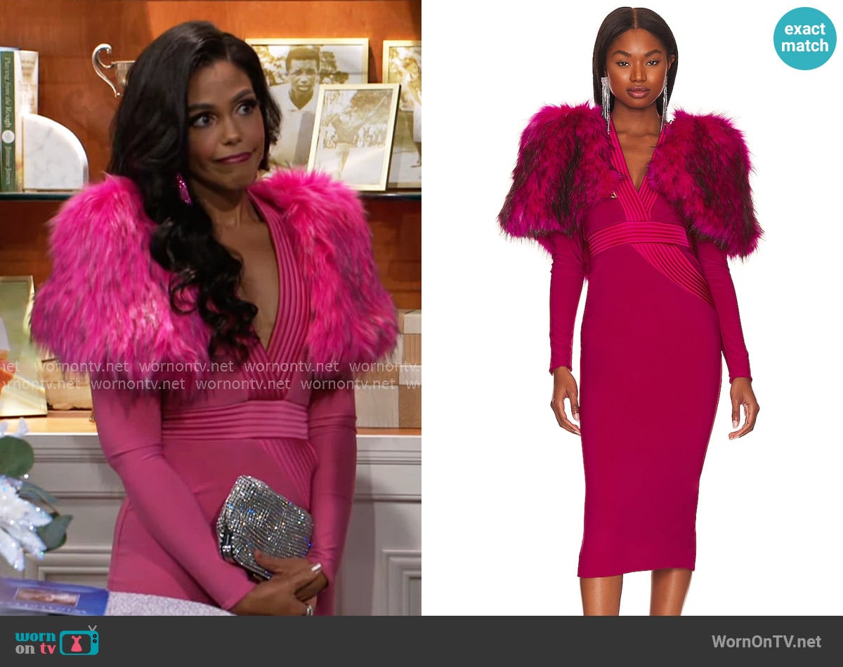 Zhivago Heiress Faux Fur 2 Piece Midi Dress worn by Dani Dupree (Karla Mosley) on Beyond the Gates
