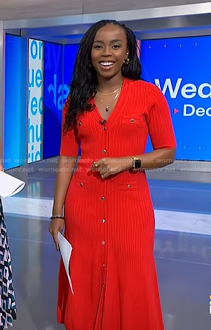 Zinhle’s red v-neck ribbed knit dress on NBC News Daily