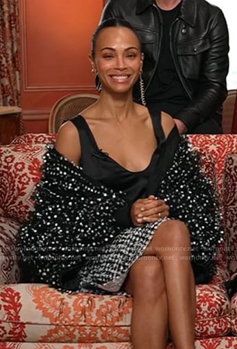 Zoe Saldaña’s black top and embellished jacket on Good Morning America