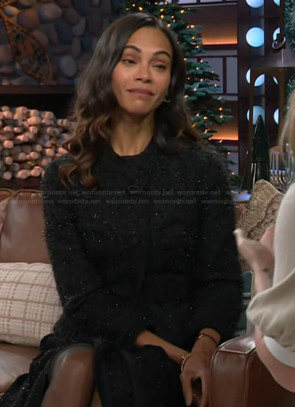 Zoe Saldana’s black tweed jacket and skirt on The Kelly Clarkson Show