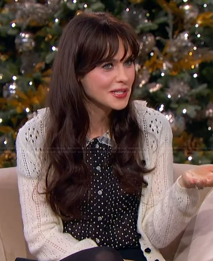 Zooey Deschanel’s polka dot top and cardigan on The Jennifer Hudson Show