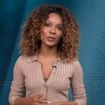 Zuri’s beige ribbed cardigan on Access Hollywood