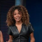 Zuri's black short sleeve leather shirtdress on Access Hollywood