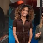Zuri’s brown corduroy belted jumpsuit on Access Hollywood