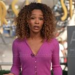 Zuri’s pink cardigan on Access Hollywood