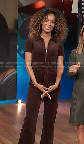 Zuri's brown corduroy belted jumpsuit on Access Hollywood
