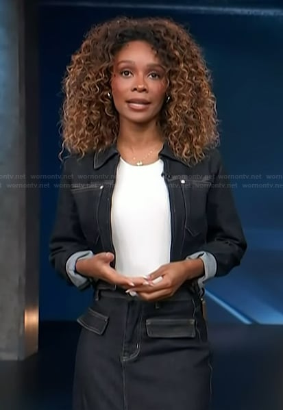 Zuri's denim jacket and skirt on Access Hollywood