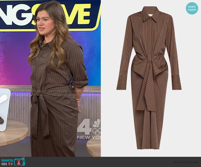 A.L.C. Mila Pinstripe Draped Shirtdress worn by Kelly Clarkson on The Kelly Clarkson Show