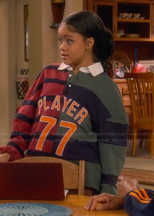 Aaliya's mixed stripe rugby jersey on The Upshaws