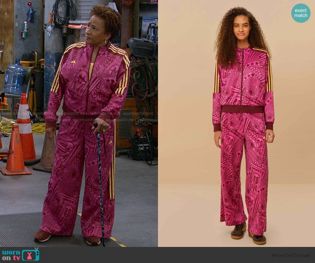 Adidas X Farm Rio tropical club pink jacket worn by Lucretia Turner (Wanda Sykes) on The Upshaws