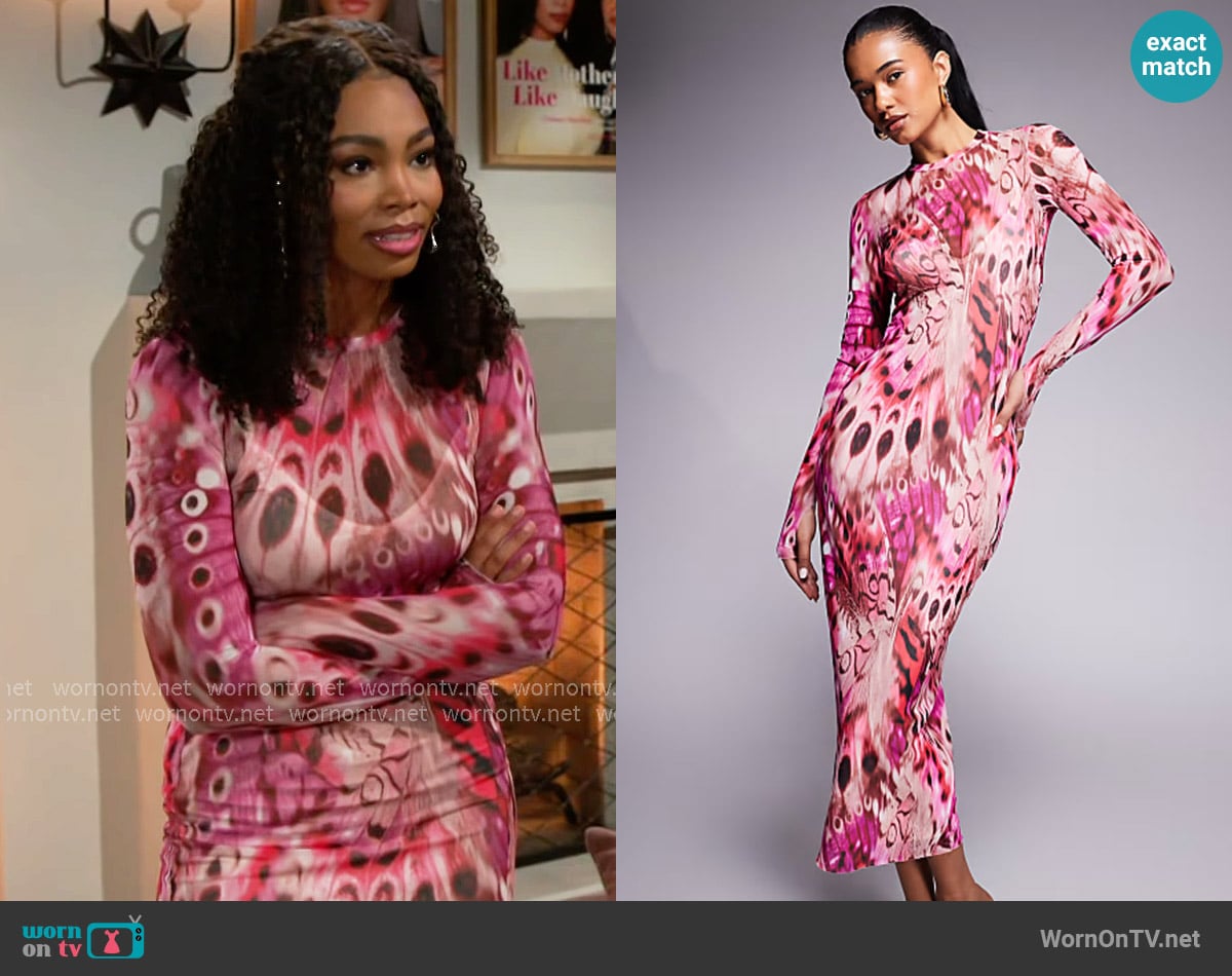 AFRM Ashland Dress in Berry Butterfly worn by Chelsea Hamilton (RhonniRose Mantilla) on Beyond the Gates