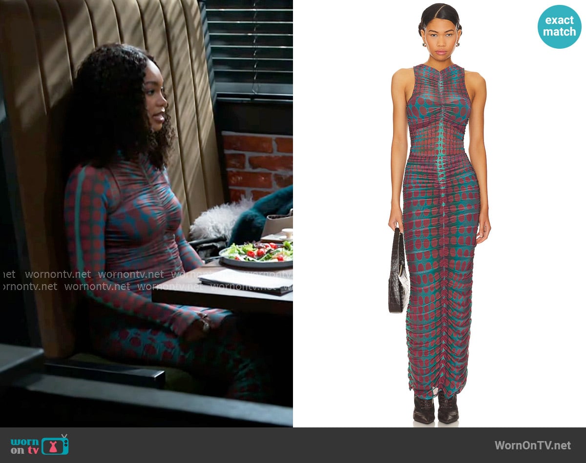 Chelea’s ruched dot- print maxi dress on Beyond the Gates