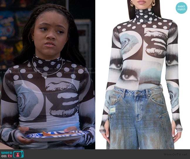 AFRM Zadie Print Sheer Mesh Top worn by Maya Upshaw (Journey Christine) on The Upshaws