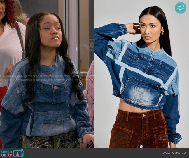 Akira Aubrey Denim Pull Over Swatshirt worn by Aaliyah Upshaw (Khali Spraggins) on The Upshaws