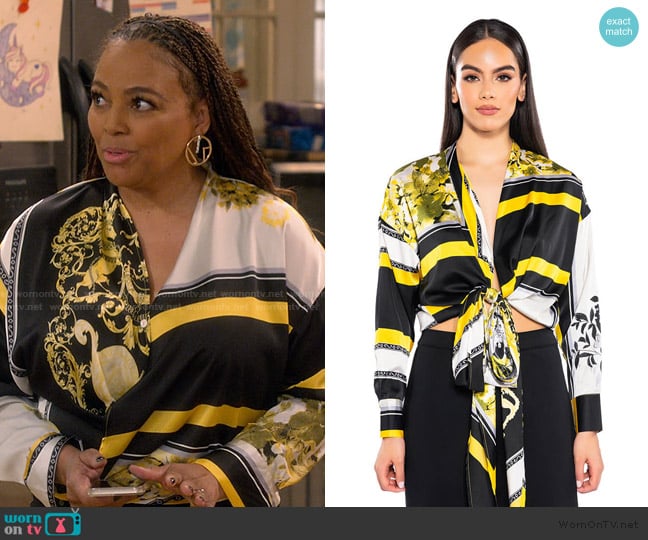 Akira Colorful Tie Front Satin Blouse worn by Regina Upshaw (Kim Fields) on The Upshaws