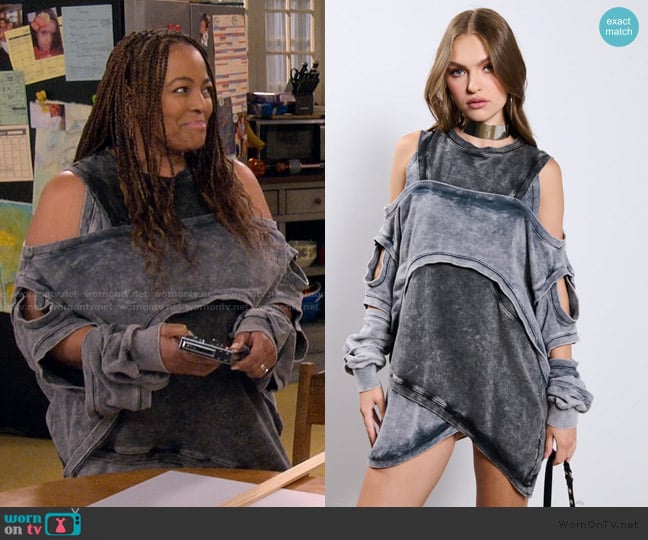 Akira Off Duty Mineral Wash Sweatshirt Dress worn by Regina Upshaw (Kim Fields) on The Upshaws