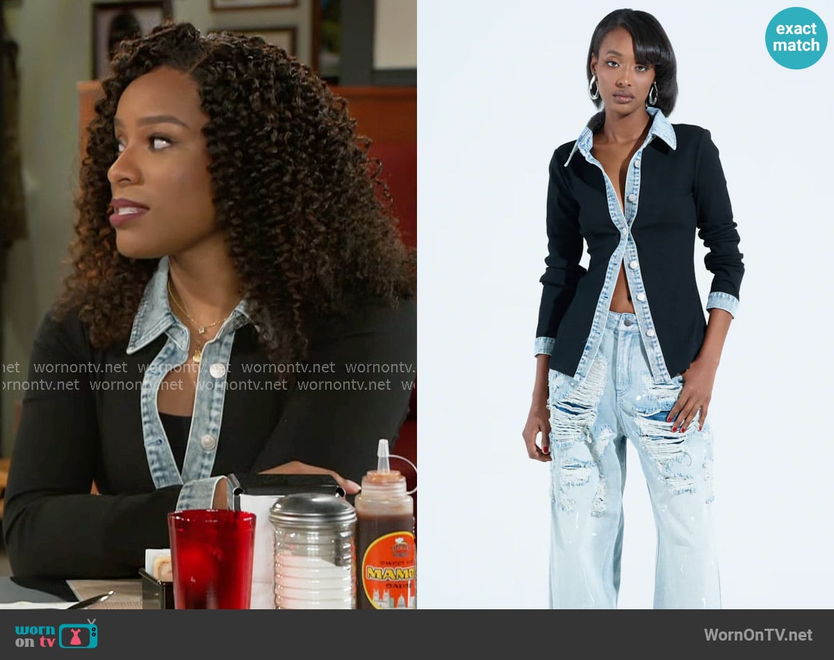 Akira Rib knit Denim Trim Button Down Collared Shirt in Black worn by Naomi Hamilton Hawthorne (Arielle Prepetit) on Beyond the Gates