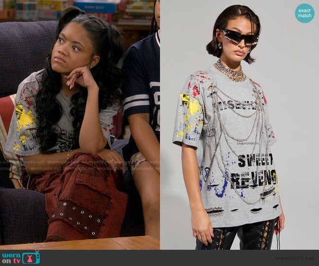 Akira Sweet Revenge Distressed T-Shirt worn by Aaliyah Upshaw (Khali Spraggins) on The Upshaws
