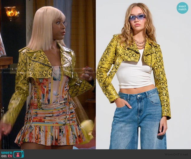 Akira Sylvette Ultra Crop Moto Jacket worn by Tasha (Gabrielle Dennis) on The Upshaws