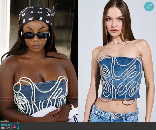 Akira Wobbly Rhinestone Denim Corset Top worn by Jassi Harris on The Real Housewives of Potomac
